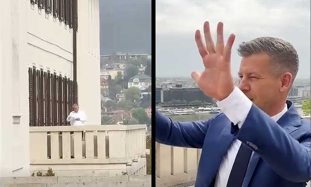 Magyar Péter a Sándor-palota teraszáról integetett a Karmelitában olvasgató Orbán Viktornak
