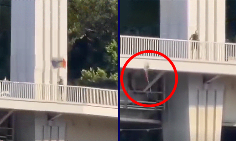 Dunába dobta a szivárványos zászlókat egy ismeretlen az Erzsébet hídról, a megafonosok ünneplik a rongálót – videó a cikkben