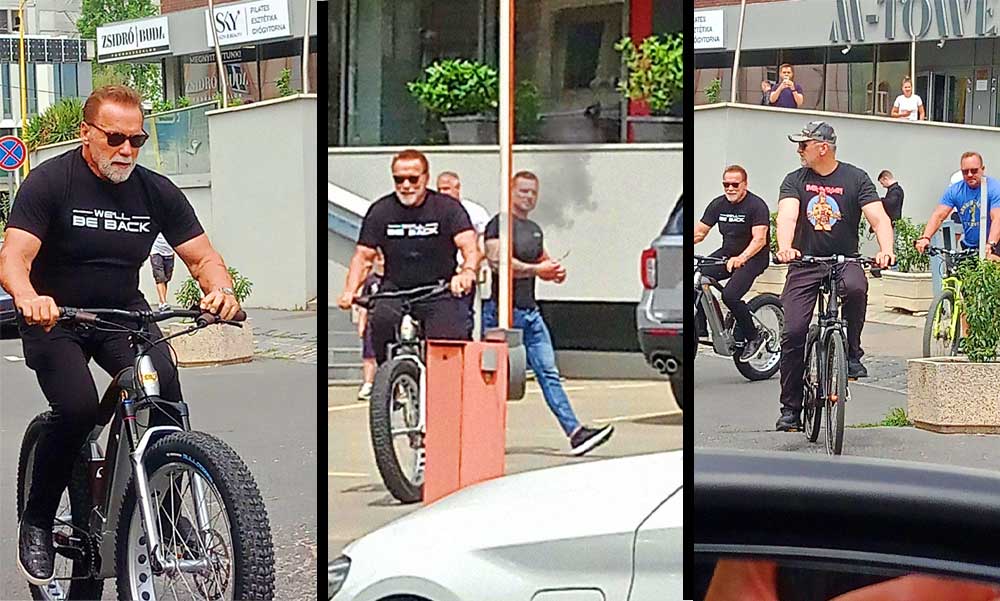 Arnold Schwarzenegger újra Budapesten: Biciklivel és testőrökkel tűnt fel Budán a Márvány utca környékén a 78 éves Terminátor
