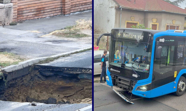 Beszakadt az aszfalt egy utasokkal teli BKK-busz alatt Rákospalotán: Vízműcsőtörés moshatta alá az utat a 15. kerületben